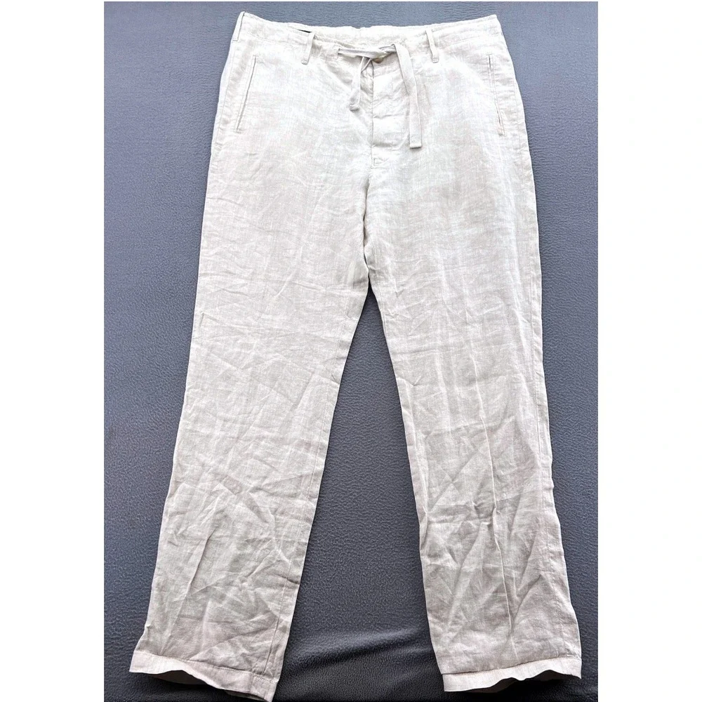 Perry Ellis Linen Pants Mens 36x34 Drawstring Straight Leg Beige Casual